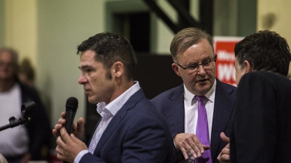 Jim Casey (left), the Greens' candidate for Grayndler, and Labor frontbencher Anthony Albanese at a forum in Balmain this month.