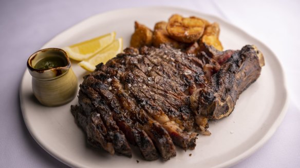 Rib-eye with salsa verde and twice-cooked potatoes.