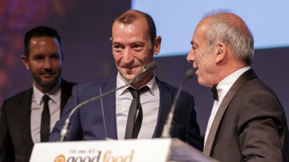 Jean-Paul Prunetti and Geraud Fabre accept their joint Vittoria Legend Award at The Age Good Food Guide Awards 2017.
