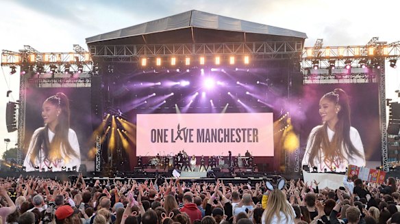 Ariana Grande performing at the One Love Manchester concert.