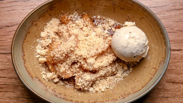 Whisky-stewed apples with shortbread crumble, thyme oil and black pepper ice-cream.