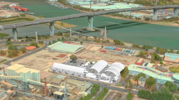 The 10,000 square metre precinct (artist's impression in white) is next to the West Gate Bridge and Yarra River.