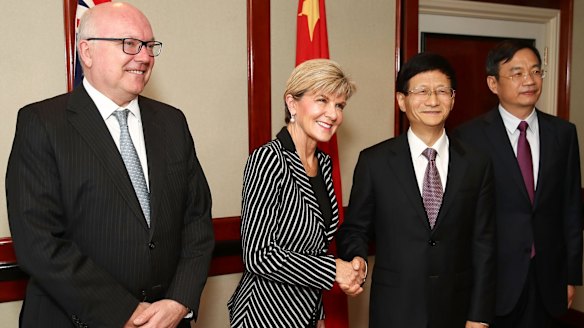 Attorney-General George Brandis, Foreign Minister Julie Bishop and Chinese Central Commission on Political and Legal Affairs, Secretary Meng Jianzhu.