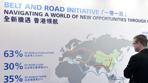 A poster promoting China's One Belt One Road initiative in Hong Kong. 