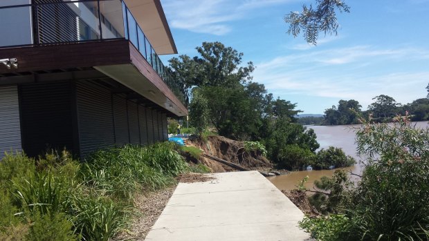 A section of riverbank at Tennyson which slid into the Brisbane River.