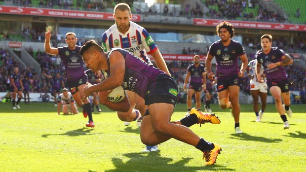 Richard Kennar of the Storm scores the match-winning against the Newcastle Knights.