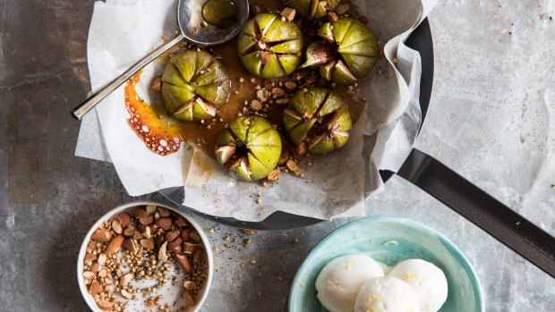 Roasted figs, macadamia crunch and yoghurt thyme ice-cream.