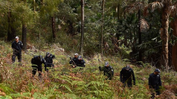 Police conducted a line search in the Royal National Park for the remains of Matthew Leveson in November.