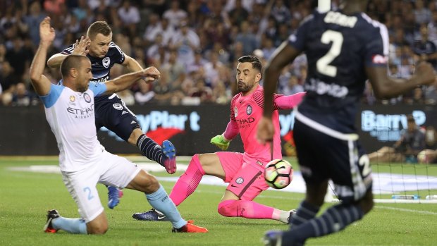 Manny Muscat of Melbourne City scores an own goal to had a 2-1 win to Victory.