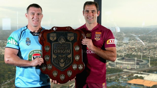 Rival captains Paul Gallen and Cameron Smith at the State of Origin series launch in Melbourne.