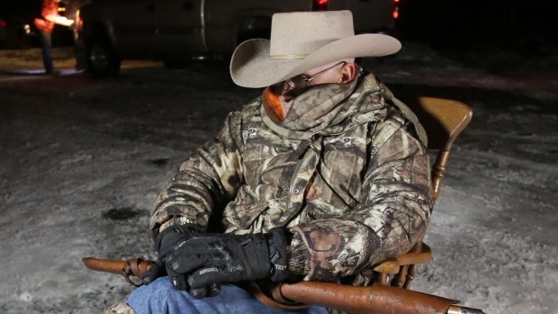 Arizona rancher LaVoy Finicum, guards the Malheur National Wildlife Refuge on Tuesday.