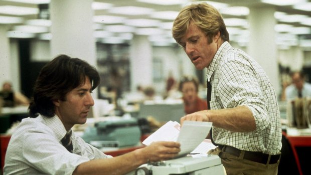 Redford starred with Dustin Hoffman hoffman in 1976's All the President's Men about Woodward and Bernstein's exposure of the Watergate scandal.  