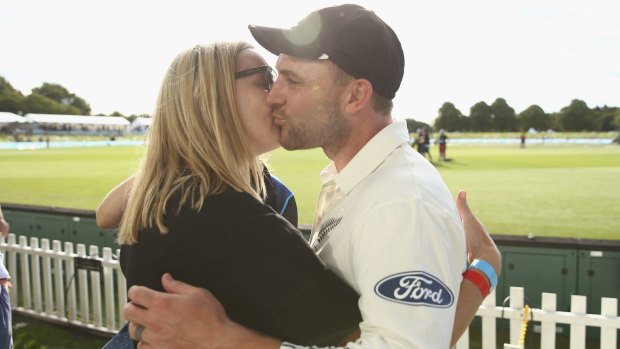 Inspiration: Brendon McCullum is congratulated by his wife, Ellissa.