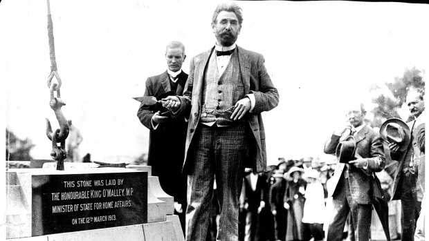 King O'Malley stands beside the foundation stone at the ceremony of the Federal Capital.