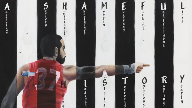 Painting of Adam Goodes called <i>A Shameful History</i> by artist Ray Thomas.