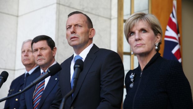 Chief of the Defence Force Air Chief Marshal Mark Binskin, Defence Minister Kevin Andrews, Prime Minister Tony Abbott and Foreign Affairs Minister Julie Bishop announce Australia will accept 12,000 Syrian refugees
