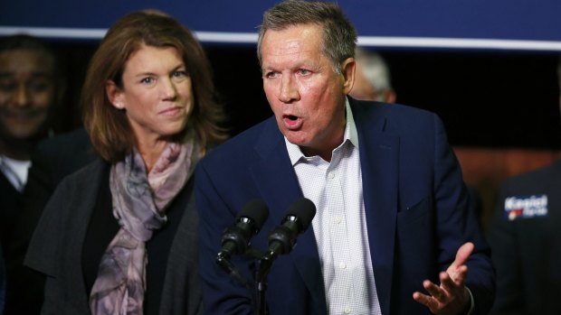 Republican presidential candidate Ohio Governor John Kasich speaks to supporters during a rally in Westerville, Ohio on Tuesday.