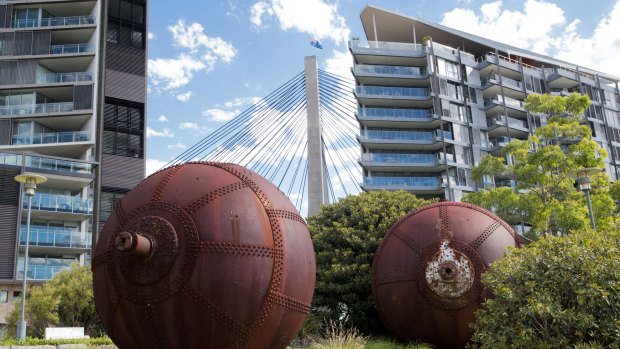 Rusted spheres and new apartments in Pyrmont, Sydney.
