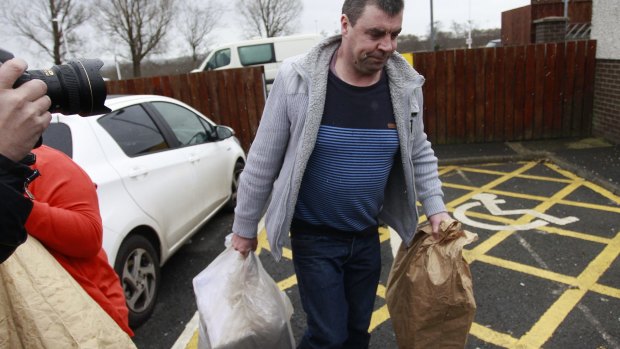 Seamus Daly leaves Maghaberry prison, in Ballinderry, Northern Ireland, on Tuesday, March, 1, 2016.  The Real IRA veteran accused of murdering 29 people in Omagh had all charges against him dropped.
