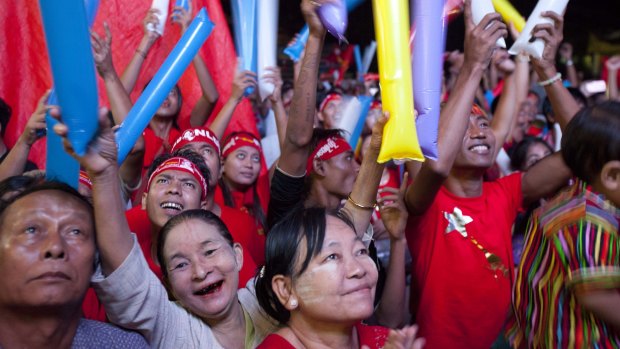 Jubilation among NLD supporters in Yangon on Monday. 