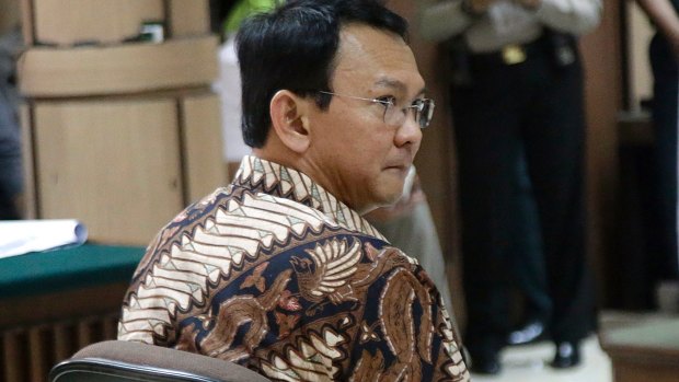 Ahok is seen during his trial at the North Jakarta District Court on blasphemy charges. 