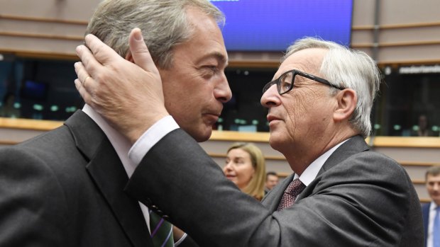 European Commission President Jean-Claude Juncker greets UKIP leader Nigel Farage last month. 