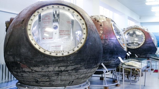 Capsules of Voskhod spacecraft on display at the Museum of Korolev Rocket and Space Corporation Energia. 