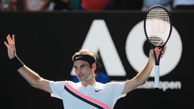Roger Federer of Switzerland celebrates winning his fourth round match against Marton Fucsovics.