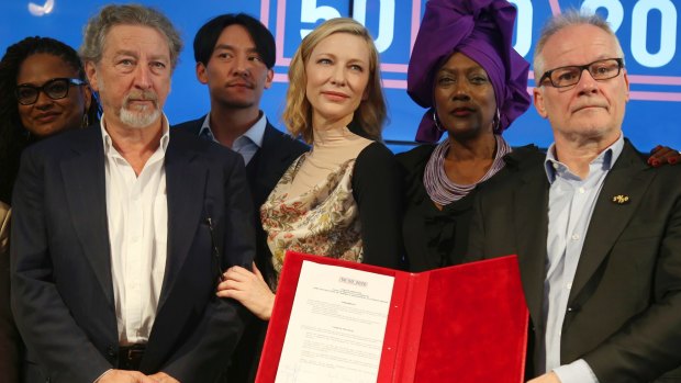 Jury members, from left, Ava DuVernay, Robert Guediguian, Chang Chen, Cate Blanchett, Khadja Nin and Cannes Film Festival Director Thierry Fremaux with the 50/50 2020 Gender Equality Pledge.