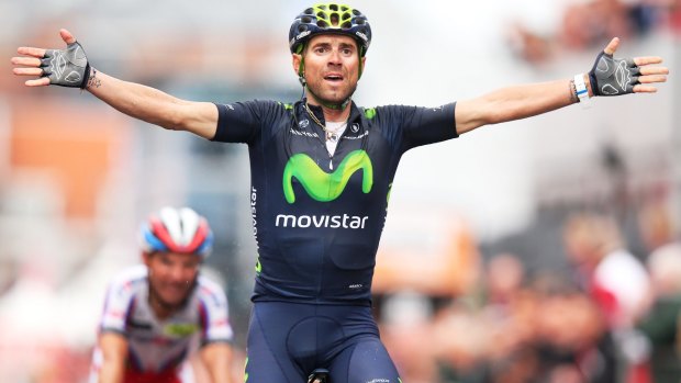 Alejandro Valverde of Spain and Movistar Team celebrates his third Liege-Bastogne-Liege.