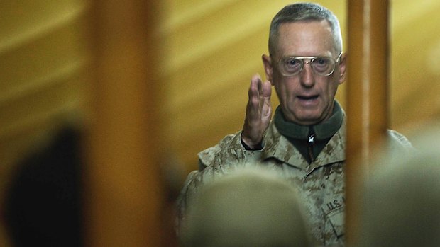 James Mattis speaks to embedded journalists at Camp Matilda in the Kuwaiti desert south of Iraq in 2003. 