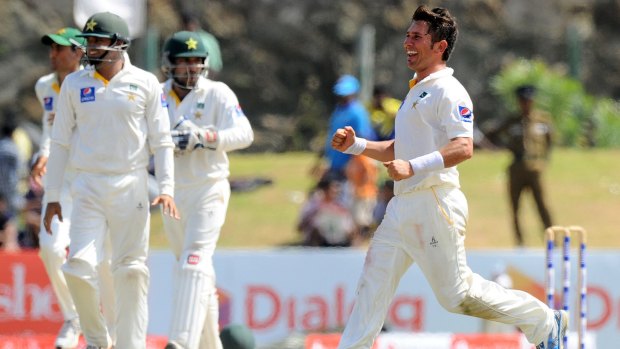Pakistan leg-spinner Yasir Shah is overjoyed after dismissing Sri Lanka's Rangana Herath.