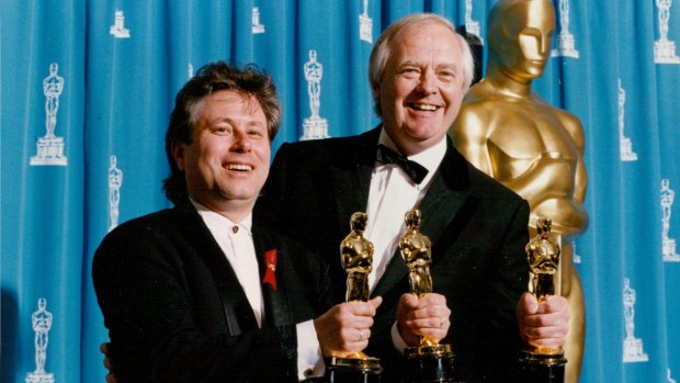 Composer Alan Menken and lyricist Tim Rice in 1993 with their Academy Awards for Best Original Score for the animated film <i>Aladdin</i>.