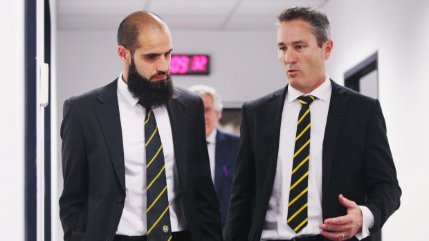 Two weeks: Bachar Houli at the tribunal with Richmond football manager Tim Livingston.