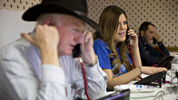 Volunteers make phone calls at a campaign office for Senator Ted Cruz in Waukesha, Wisconsin.
