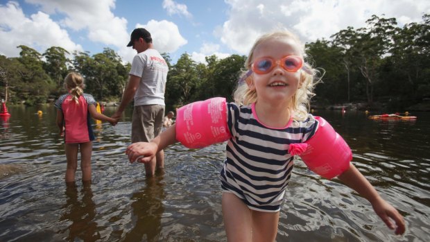 Get there early: Daisy, 3, enjoys a swim at Lake Parramatta.