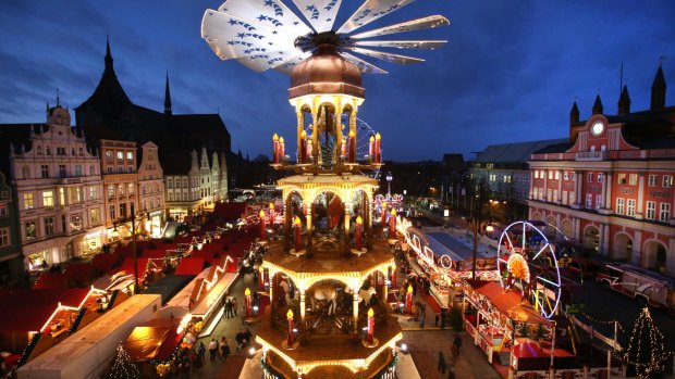 Christmas market in Rostock, one of the largest Christmas markets in north Germany.