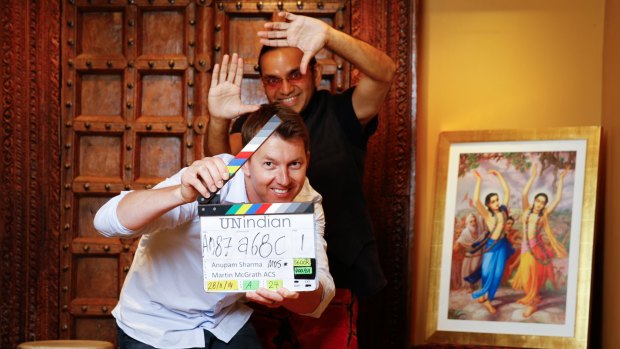 Director Anupam Sharma and Brett Lee who stars in <i>Unindian</i> at Govindas Restaurant in Sydney. 