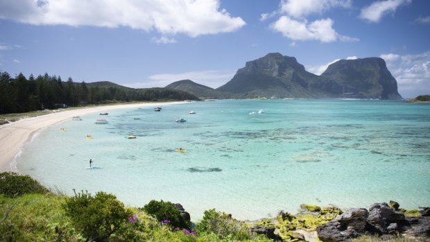 View over Lord Howe Island lagoon with Mount Lidgbird and Mount Gower.