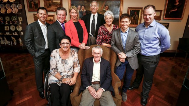 Famous eight: New Hall of Fame inductees with legend Ken Rosewall (seated) are Ricky Ponting, John O’Neill, Leisel Jones, Norm Proven, Helen Brownlee, Casey Stoner, Ryan Bayley and (front) Priya Cooper.