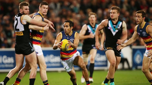 Eddie Betts snaps for goal during Saturday night's clash against Port Adelaide.