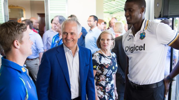 Team captains Steve Smith and (right) Jason Holder meet Prime Minister Malcolm Turnbull and his wife Lucy at Kirribilli House.