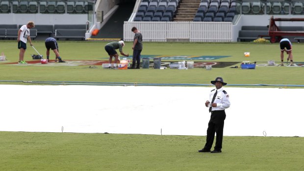 A security guard next to the pitch at Manuka Oval on Sunday ahead of the first Canberra game of the Cricket World Cup.