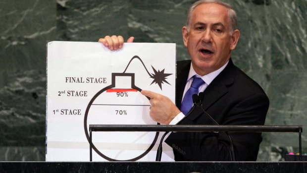 Media performer: Benjamin Netanyahu outlines his objections to an international nuclear deal with Iran at the UN General Assembly in September 2012.