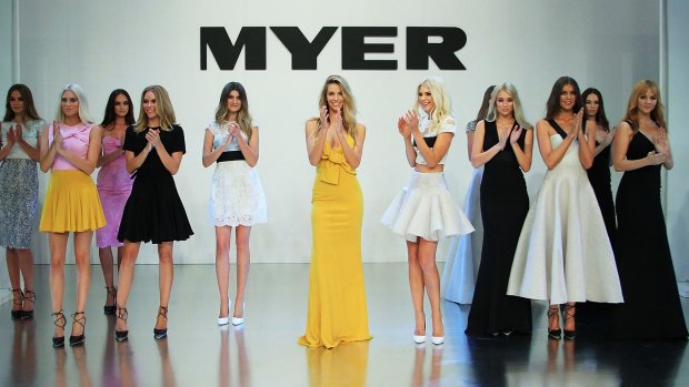 Jennifer Hawkins and models walk the finale during the Myer A/W 2015 season launch at Myer Mural Hall in Melbourne.