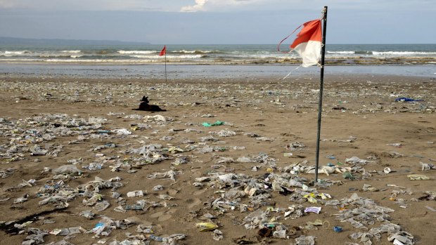 Plastic pollution washes up on a beach in Bali.