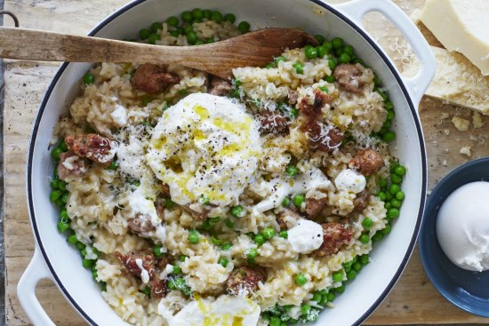 Risotto with crumbled and fried sausages.
