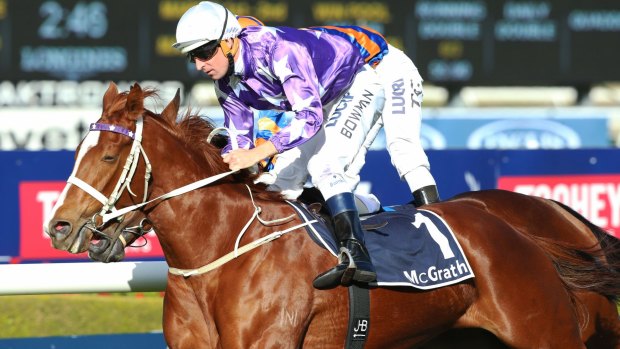 Hugh Bowman rides Pioneering to win The McGrath Estte Agents Plate at Rosehill Gardens.