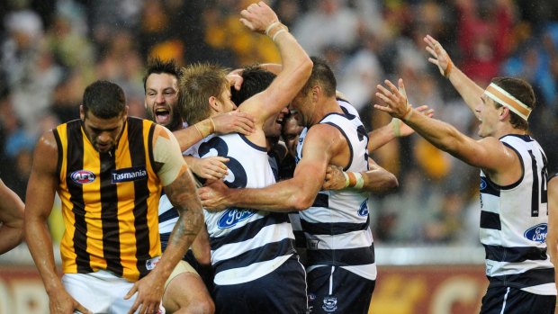 Geelong celebrate after beating Hawthorn in round 2, 2012.