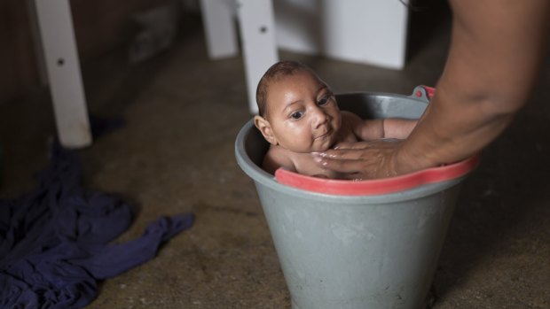 Solange Ferreira bathes her son Jose Wesley in a bucket at their house in Poco Fundo, Pernambuco, Brazil. Ferreira says her son enjoys being in the water, she places him in the bucket several times a day to calm him.